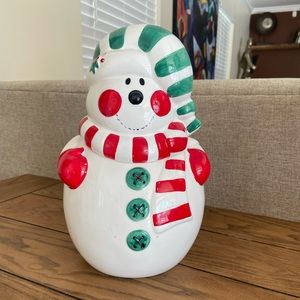 Vintage Ceramic Snowman Christmas Cookie Jar  Red & Green 10-11" Chip Inside Lid